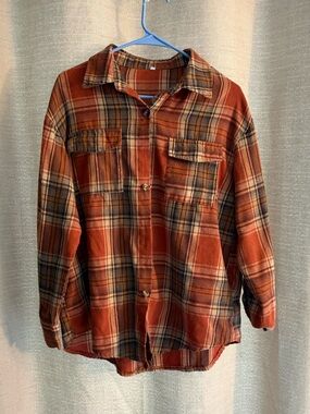 Rust Plaid Button-Up Flannel Shirt